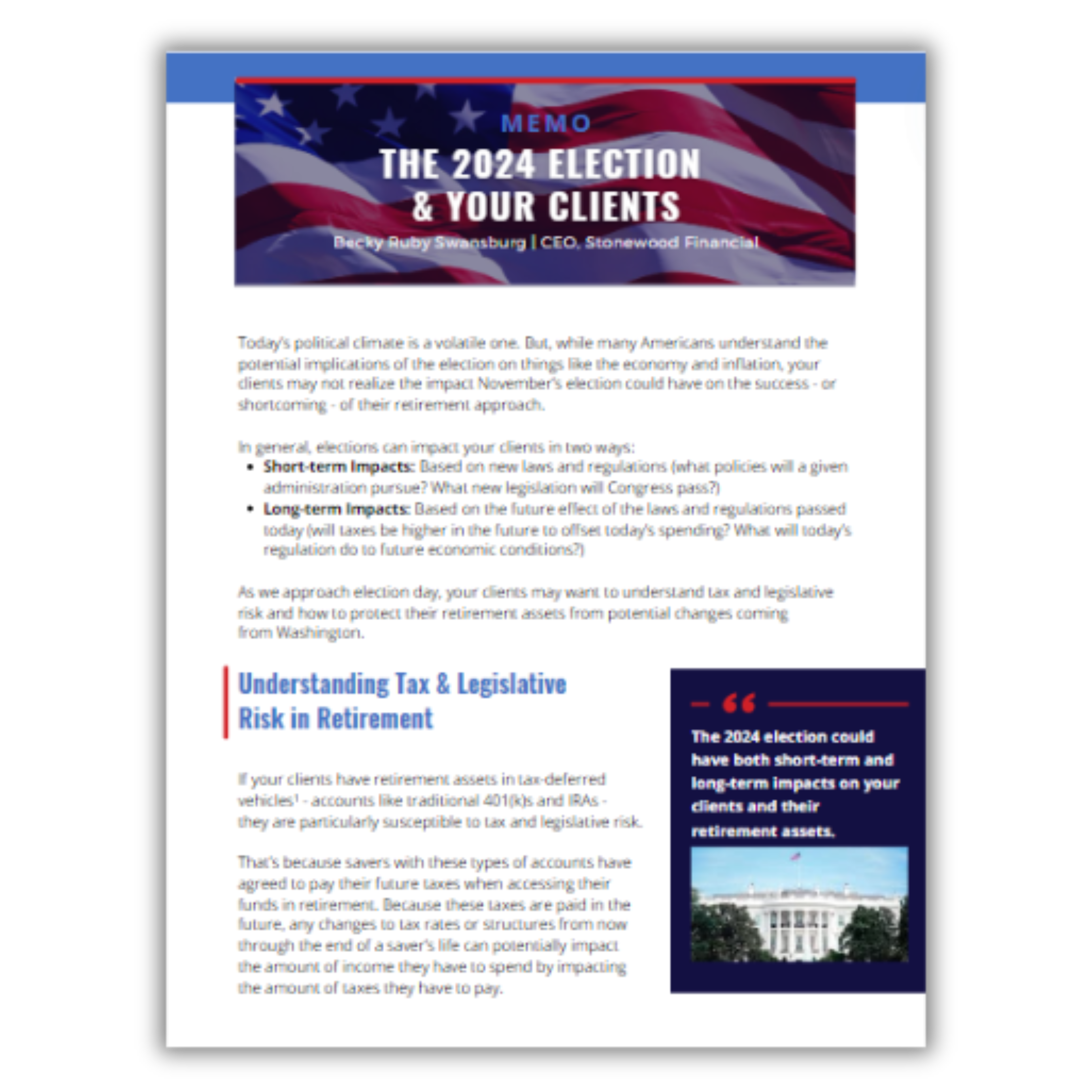 Advisor Facing Legislative Risk Memo First Page Graphic with Drop Shadow